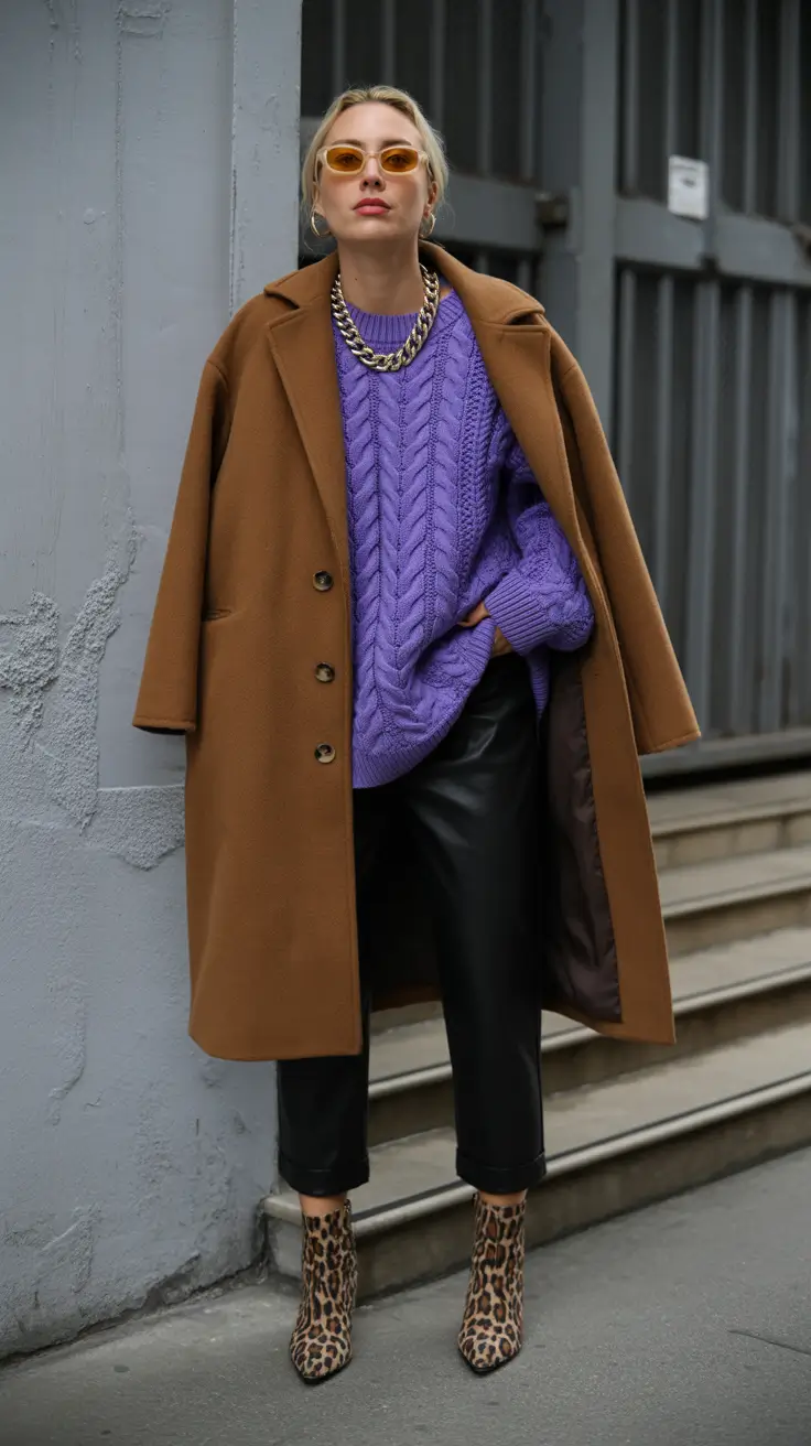 Outfit Inspiration for Winter 2025 2026 Bold Contrast with Camel & Lilac