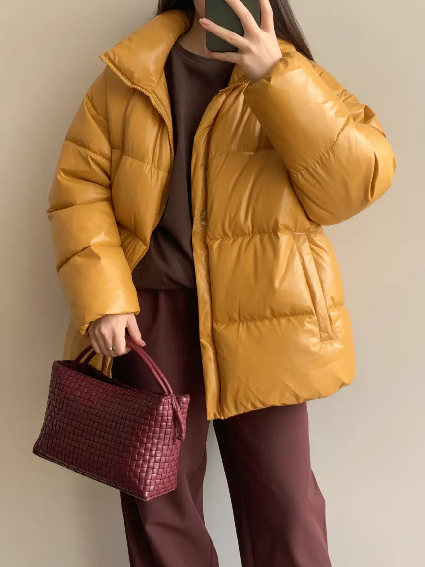 Outfit Inspo for Winter 2025-2026 Golden Puffer with Wine Details