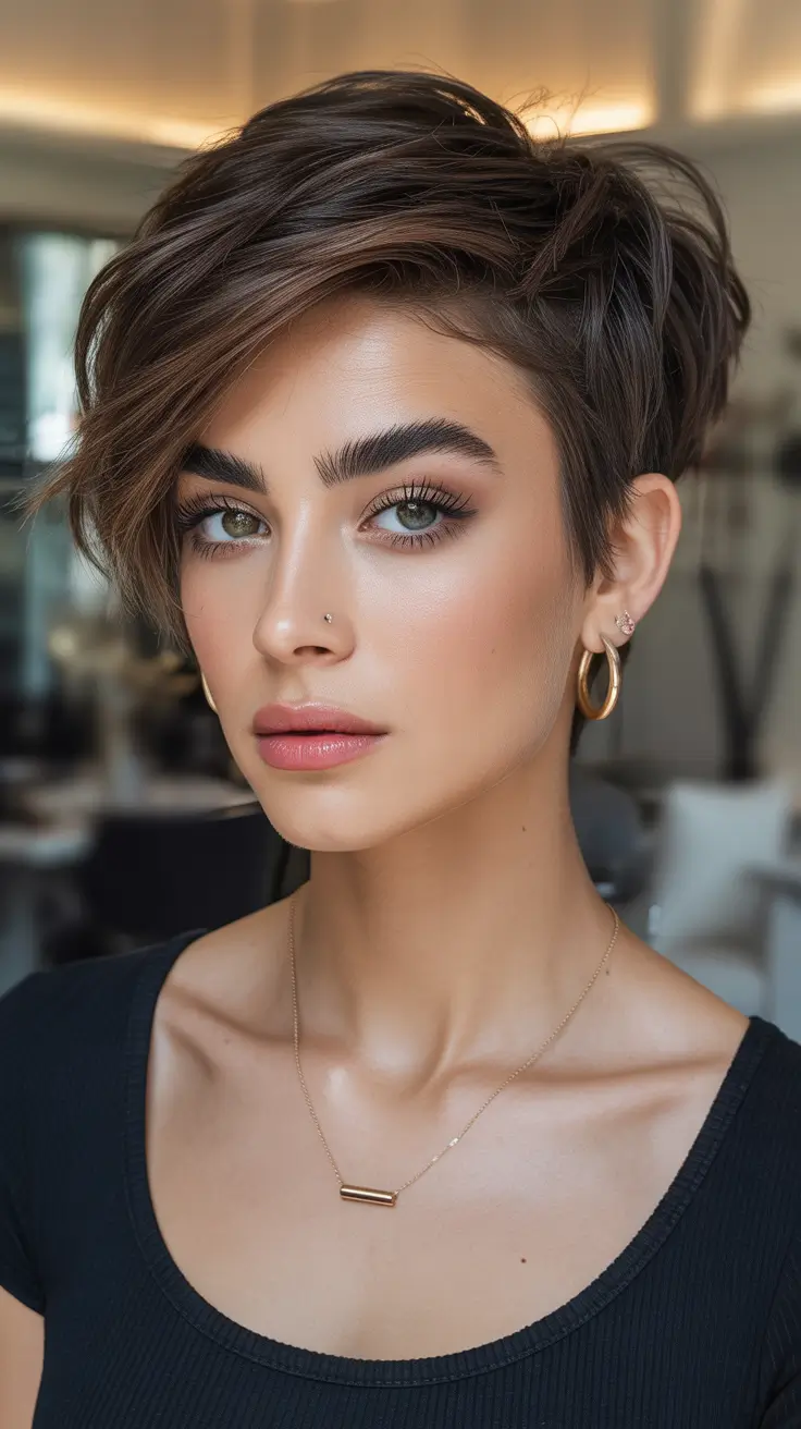Pixie Haircuts Ideas for Winter 2025–2026 Modern Dark Pixie with Side Sweep
