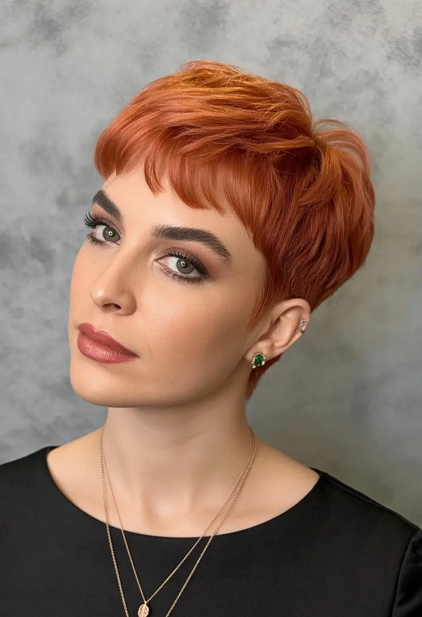 Pixie Haircuts Ideas for Winter 2025–2026 Fiery Red Pixie with Baby Bangs
