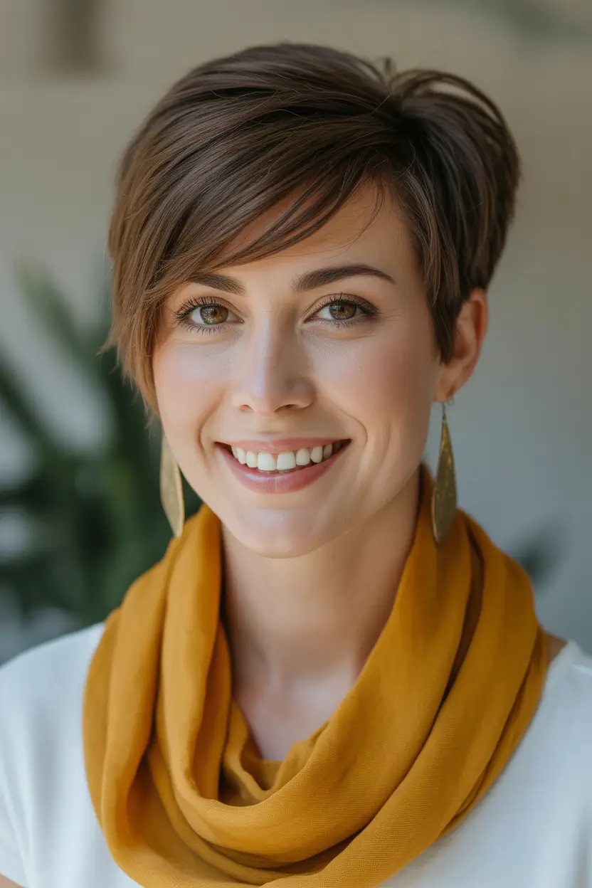 Pixie Haircuts Ideas for Winter 2025–2026 Warm Brunette Side-Swept Pixie
