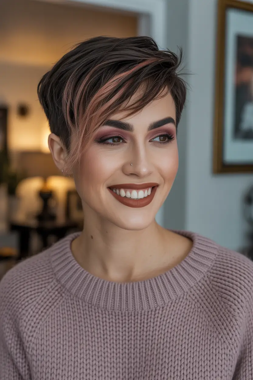 Pixie Haircuts Ideas for Winter 2025–2026 Soft Pixie with Pink Accents