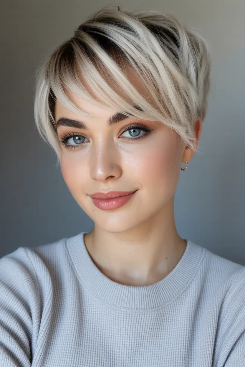 Pixie Haircuts Ideas for Winter 2025–2026 Blonde Pixie with Side Bangs