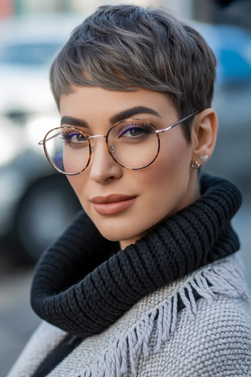 Pixie Haircuts Ideas for Winter 2025–2026 Smoky Brunette Pixie with Glasses