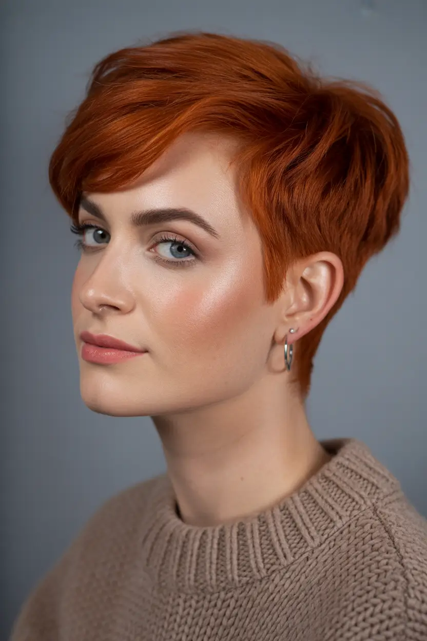 Pixie Haircuts Ideas for Winter 2025–2026 Fiery Red Sleek Pixie