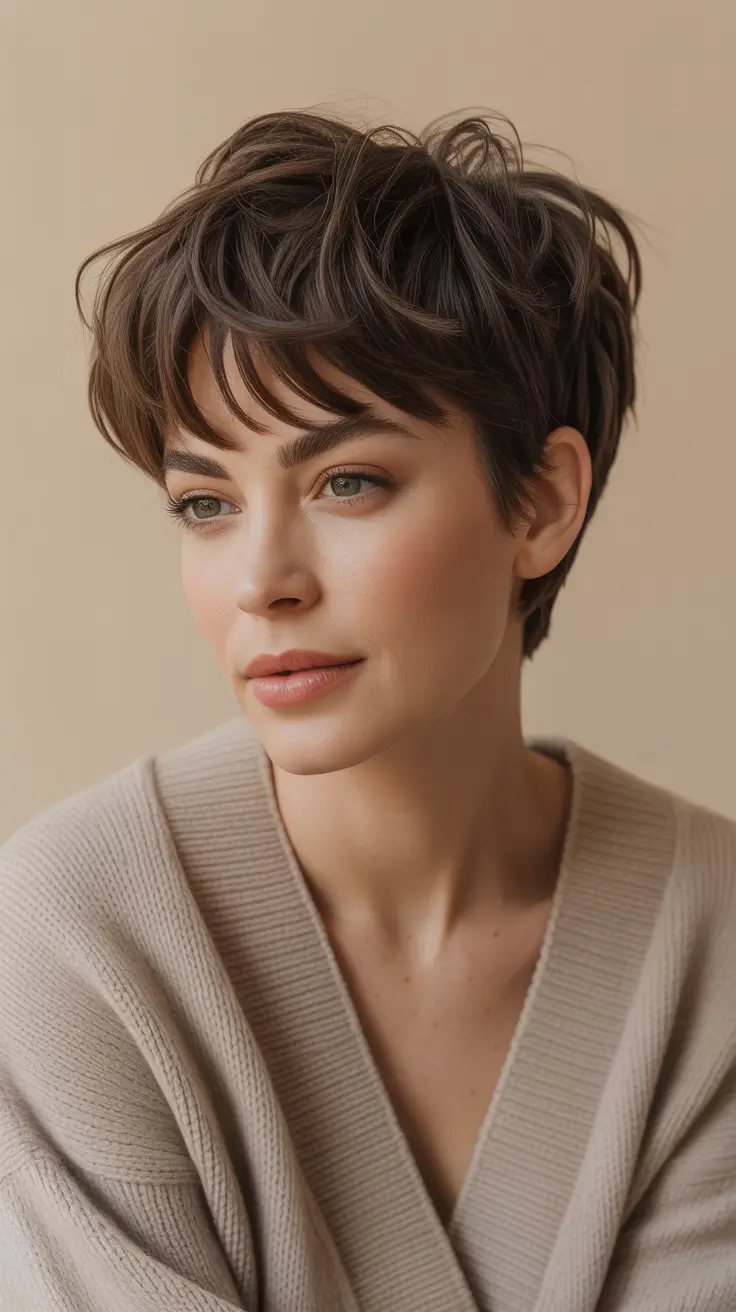 Pixie Haircuts Ideas for Winter 2025–2026 Soft Tousled Brunette Pixie