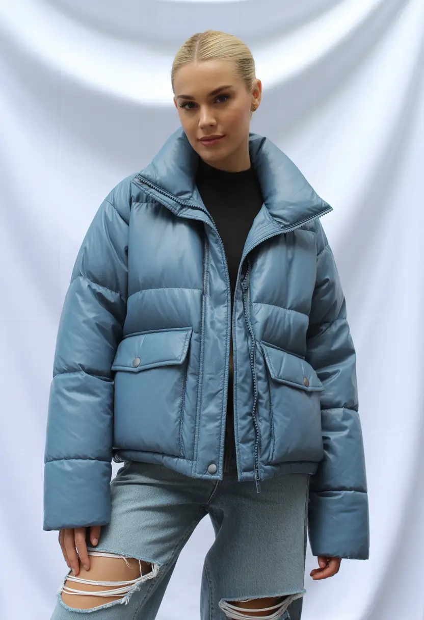Puffer Jacket Outfit Ideas Winter 2025-2026 Cool in Light Blue Denim