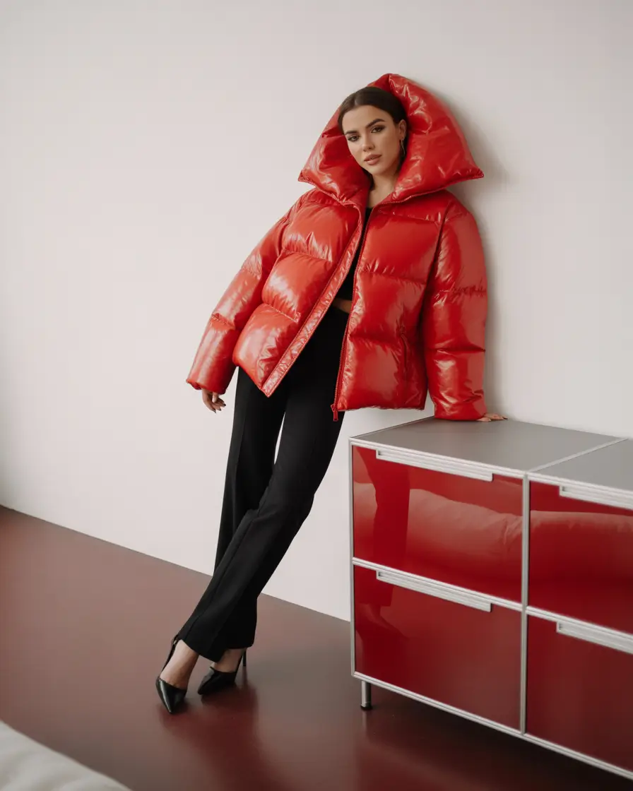 Puffer Jacket Outfit Ideas Winter 2025-2026 High-Shine Red Drama