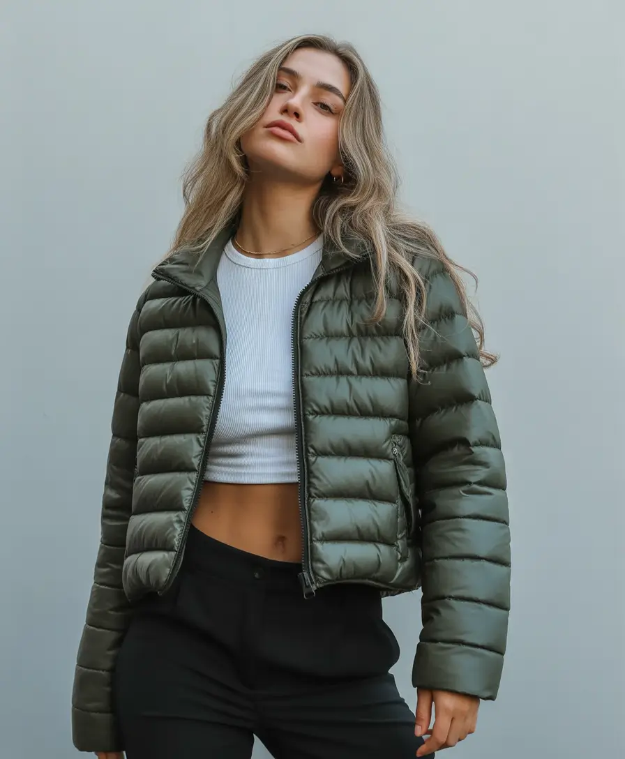 Puffer Jacket Outfit Ideas Winter 2025-2026 Olive Green Cropped Ease
