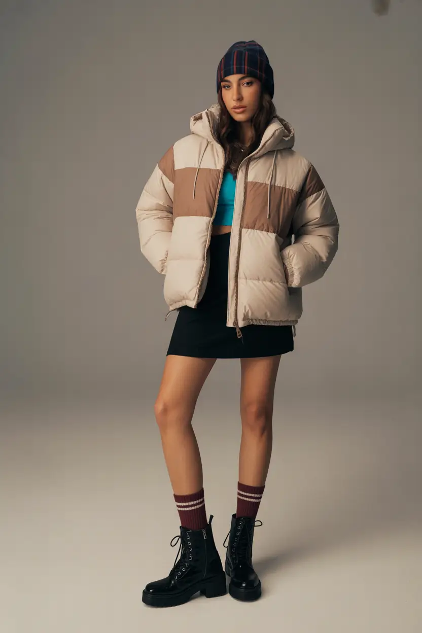 Puffer Jacket Outfit Ideas Winter 2025-2026 Playful Two-Tone Street Style