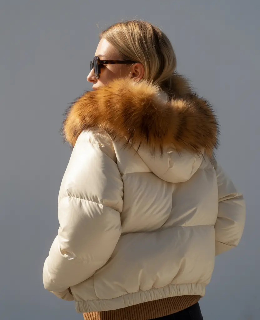 Puffer Jacket Outfit Ideas Winter 2025-2026 Classic Cream With Fur Trim
