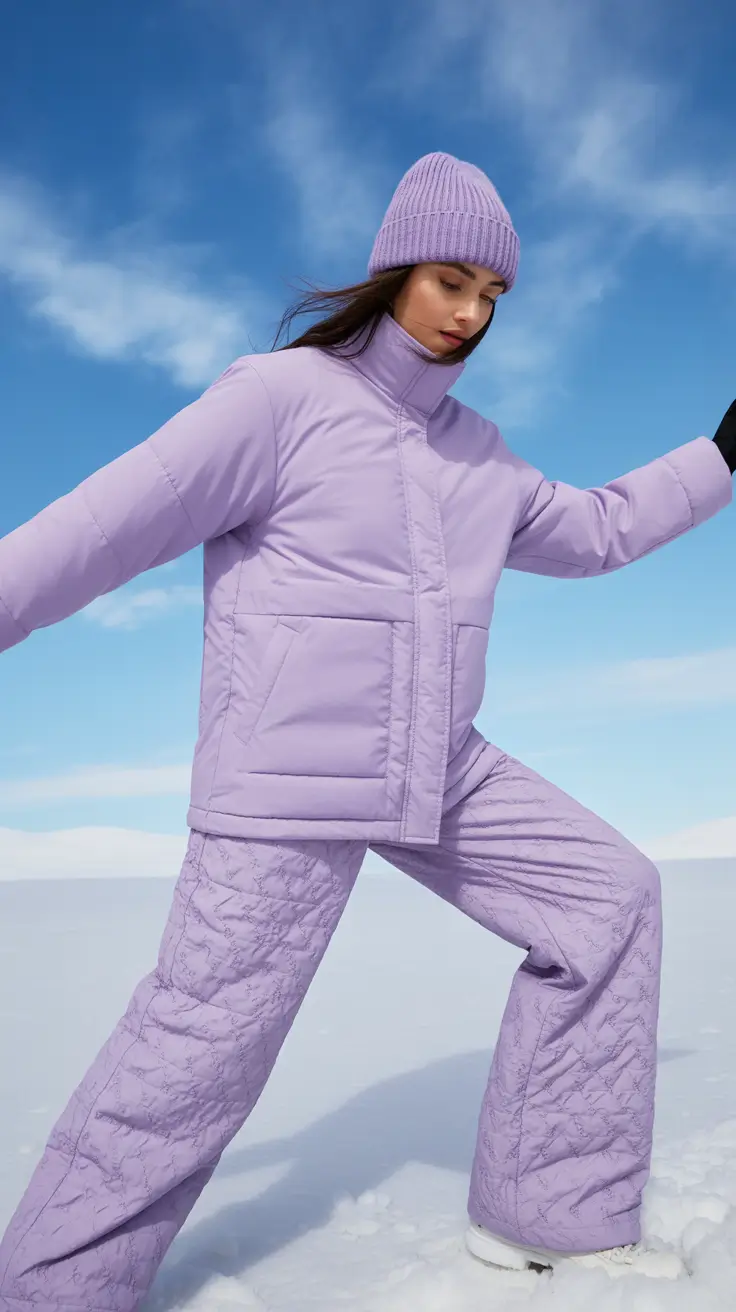 Puffer Jacket Outfit Ideas Winter 2025-2026 Powdery Lilac Ski Set