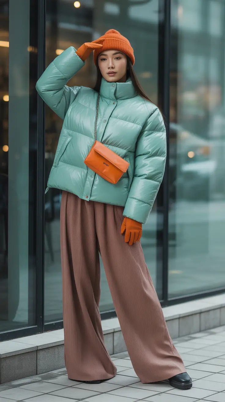 Puffer Jacket Outfit Ideas Winter 2025-2026 Mint and Orange Play