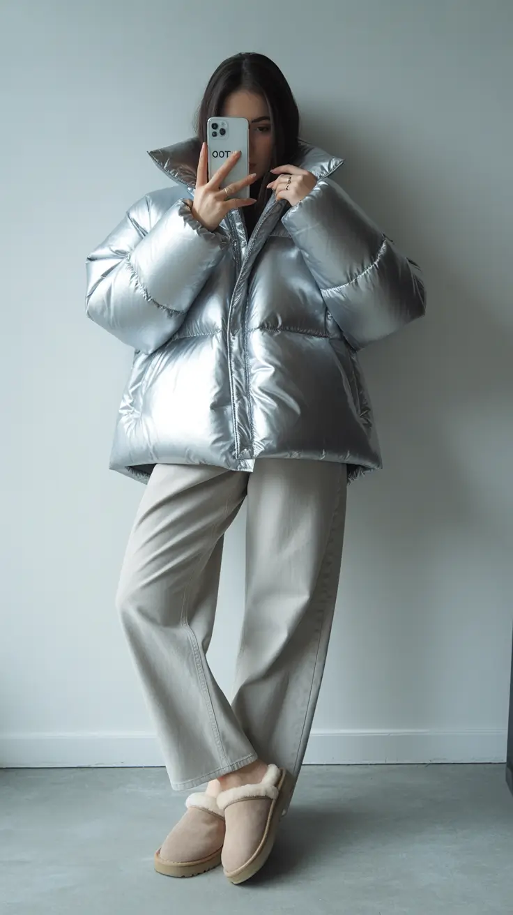 puffer jacket outfit Winter 2025 2026 metallic silver aesthetic