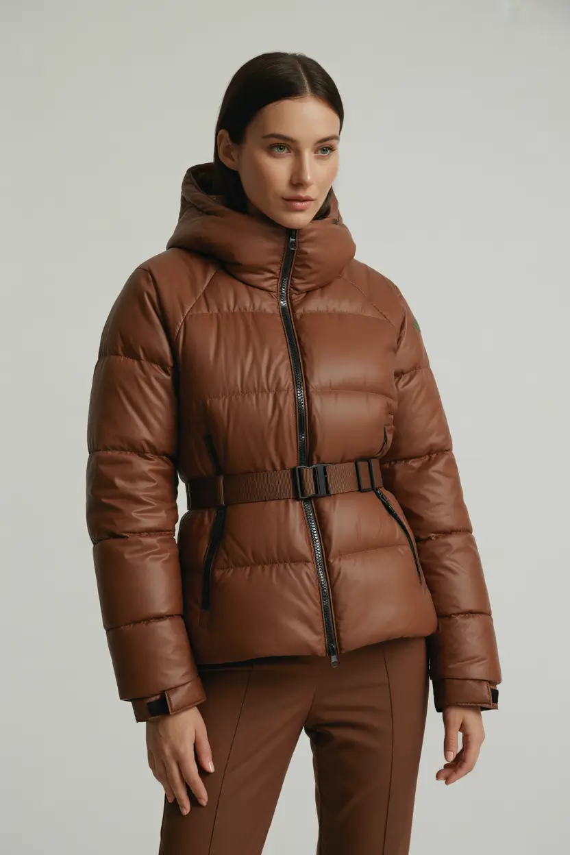 puffer jacket outfit Winter 2025 2026 brown belted women