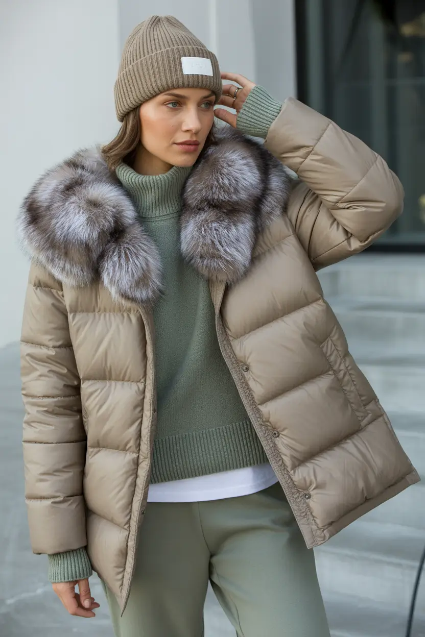 puffer jacket outfit Winter 2025 2026 beige olive green sleeve aesthetic