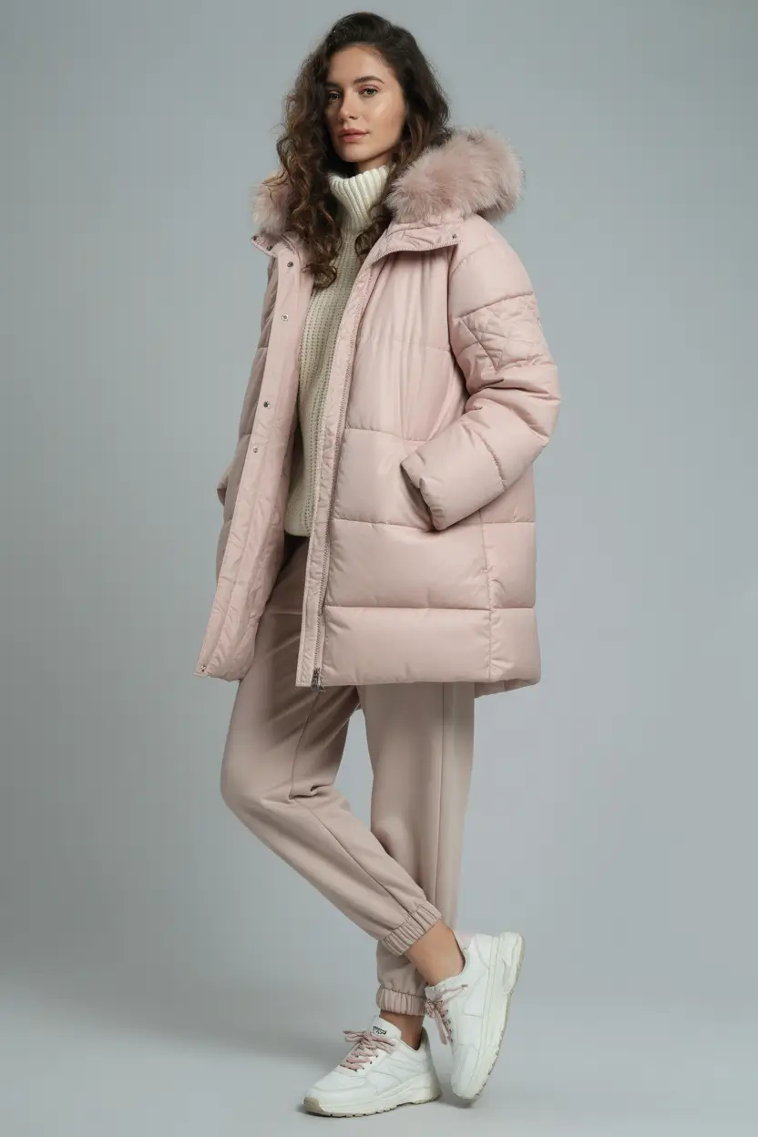 puffer jacket outfit Winter 2025 2026 pink beige cream aesthetic