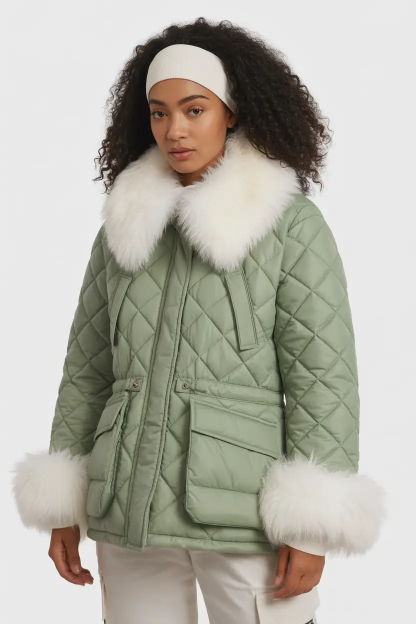 puffer jacket outfit Winter 2025 2026 olive green white fur sleeve aesthetic