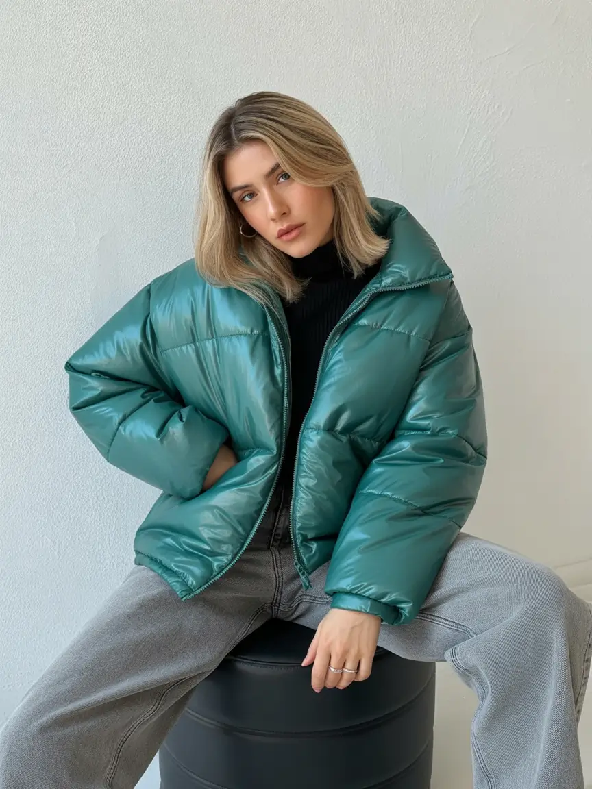 puffer jacket outfit Winter 2025 2026 teal gray cropped aesthetic