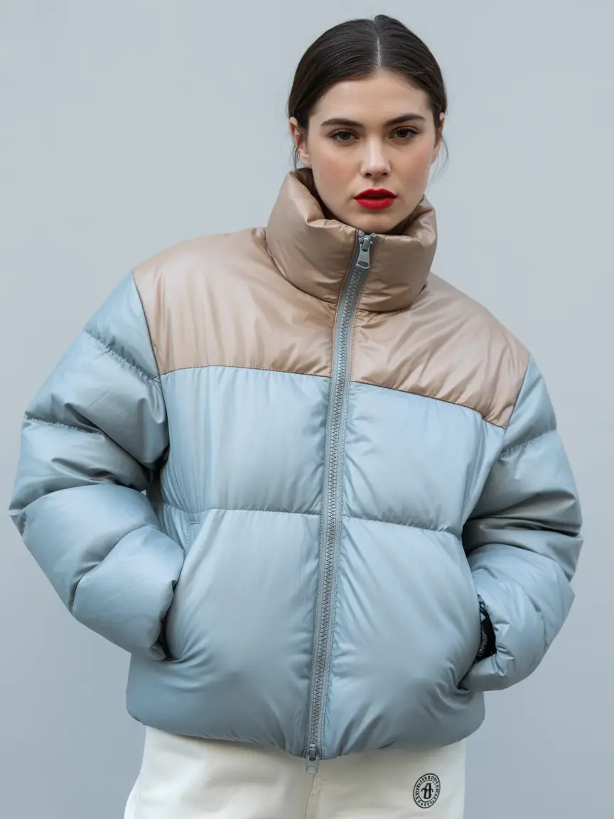 puffer jacket outfit Winter 2025 2026 light blue beige cropped sleeve