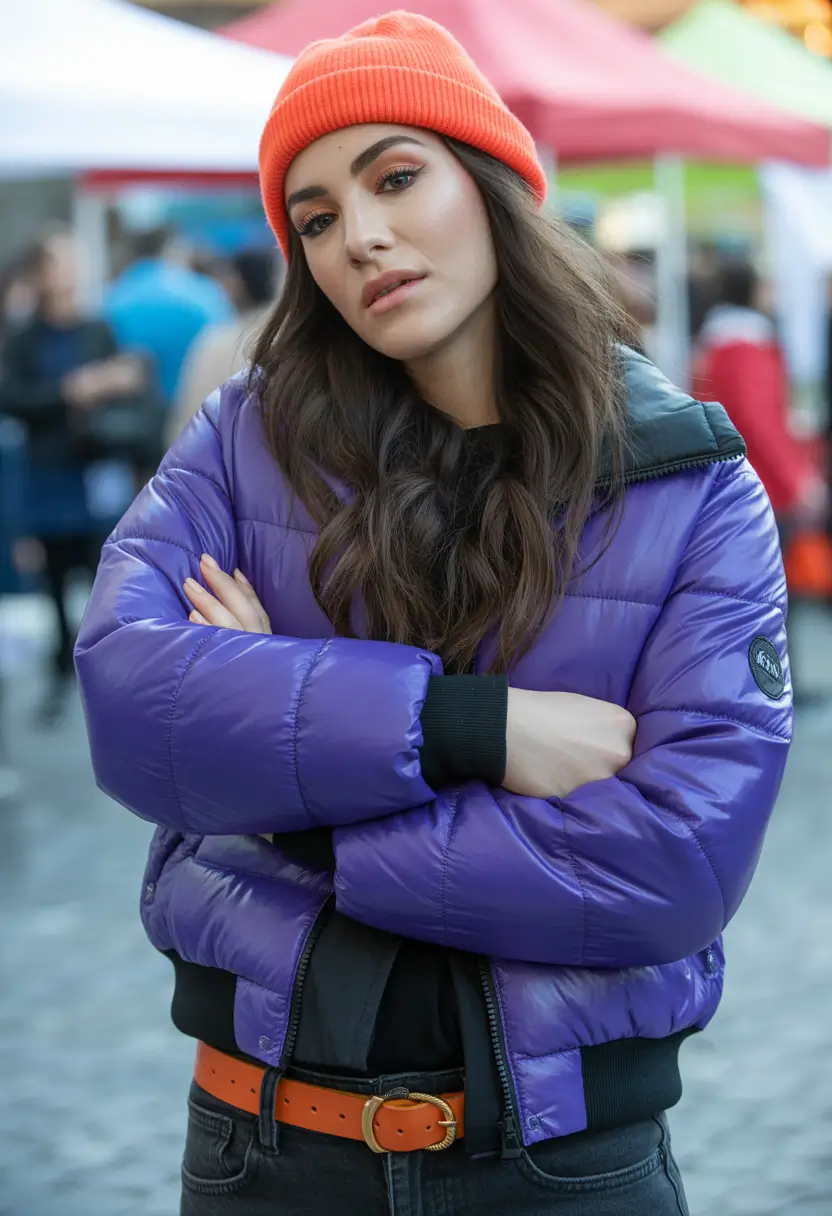 puffer jacket outfit Winter 2025 2026 purple orange cropped aesthetic