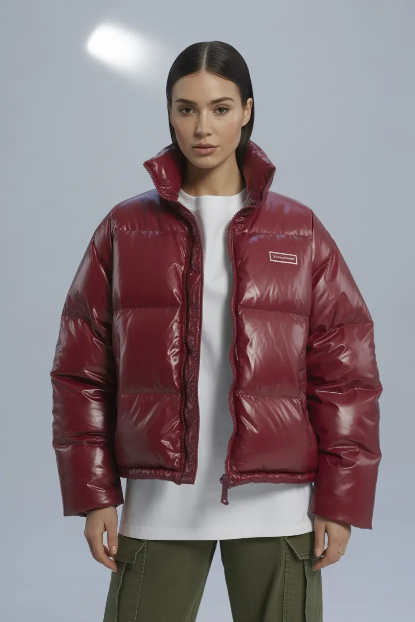 puffer jacket outfit Winter 2025 2026 Deep Burgundy Edge