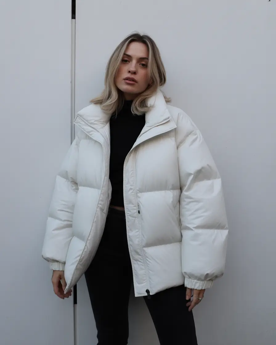 puffer jacket outfit Winter 2025 2026 white cropped aesthetic
