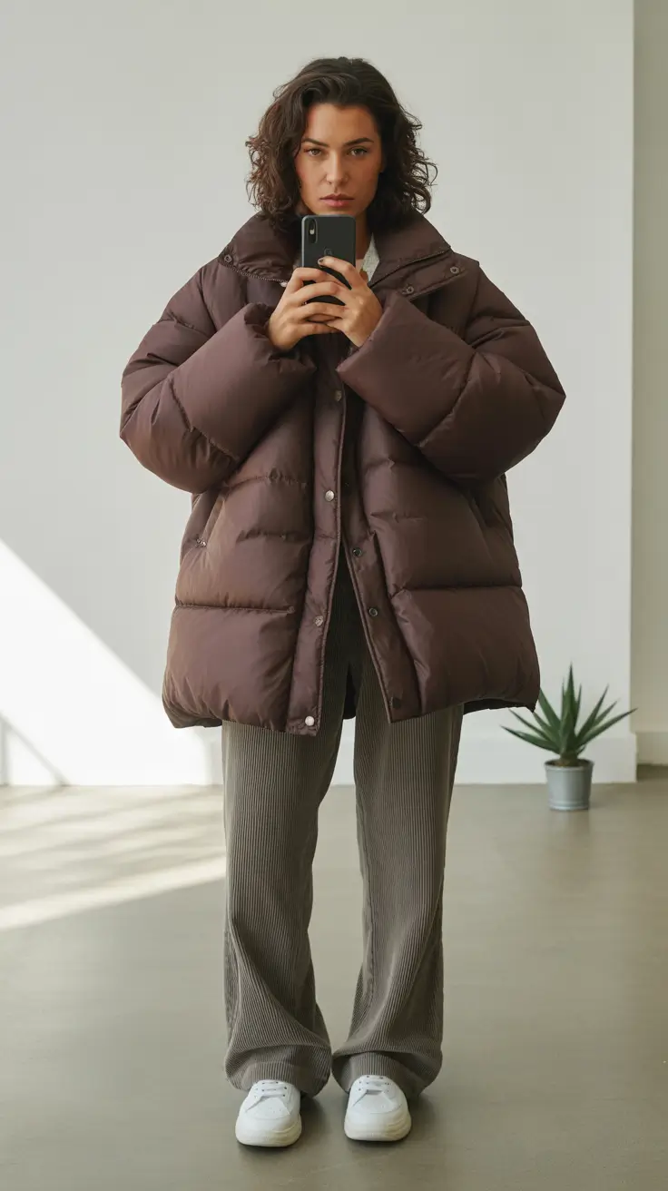 puffer jacket outfit Winter 2025 2026 Relaxed Cocoa Comfort
