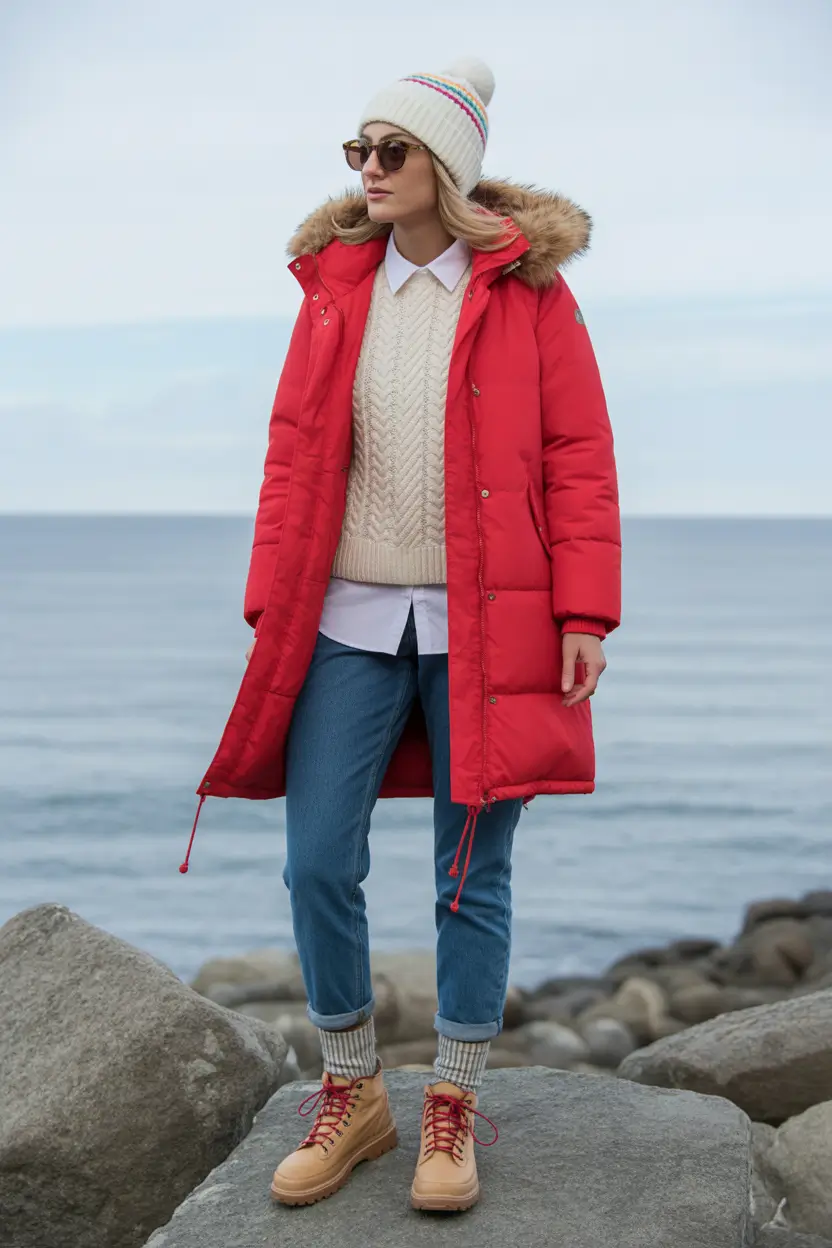 puffer jacket outfit Winter 2025 2026 Bright Red Energy