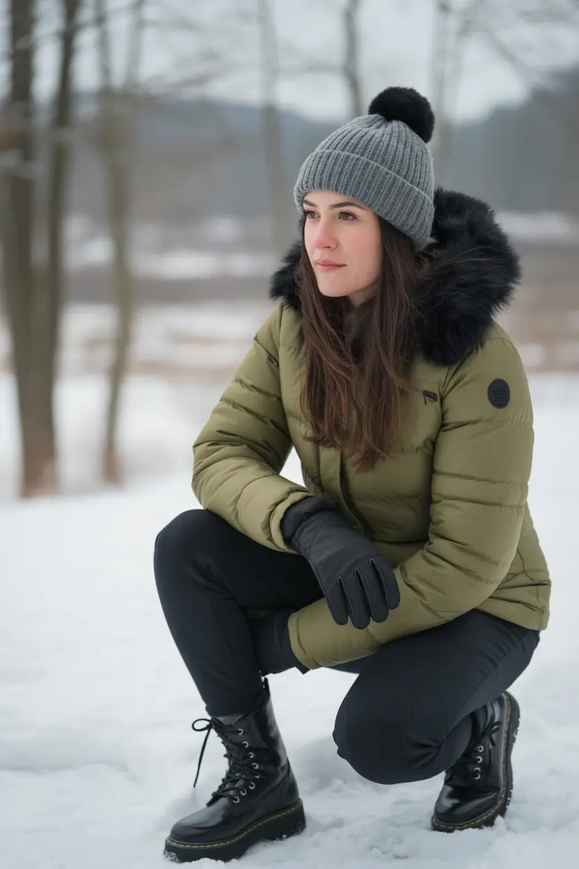 puffer jacket outfit Winter 2025 2026 Olive Green Outdoors