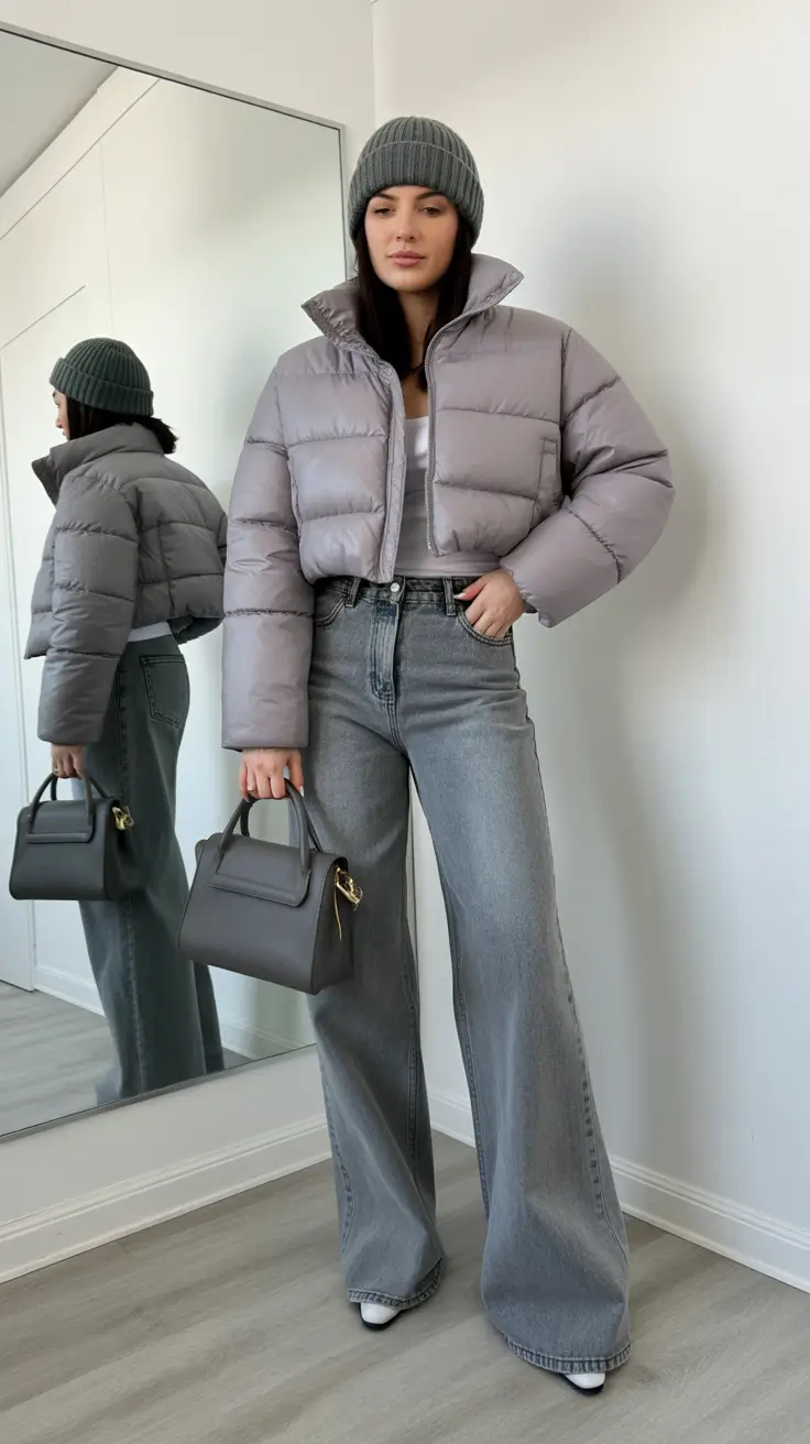 puffer jacket outfit Winter 2025 2026 Gray Cropped Chic