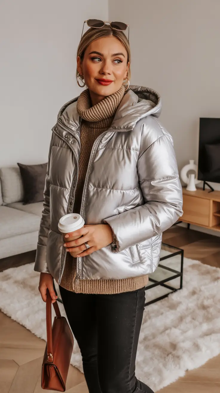 puffer jacket outfit Winter 2025 2026 Metallic Modern Classic