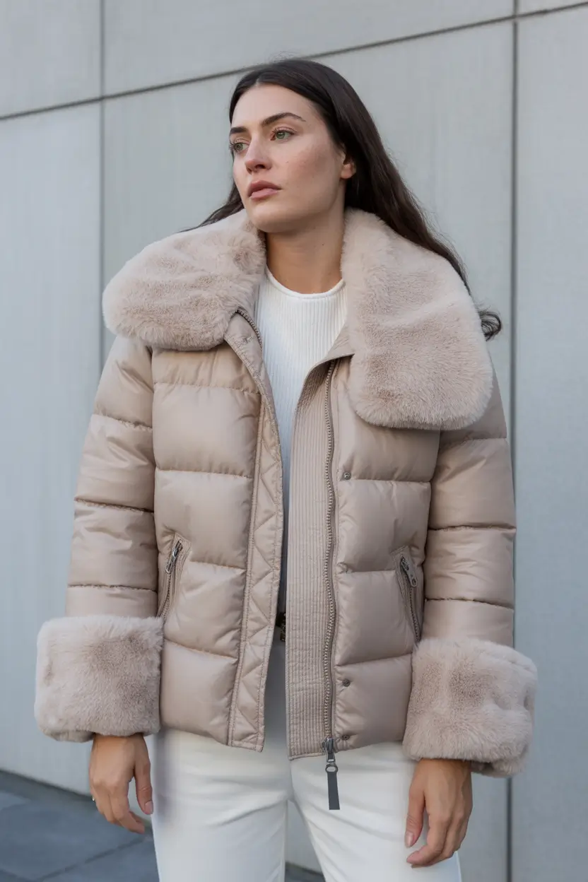 puffer jacket outfit Winter 2025 2026 beige cream aesthetic