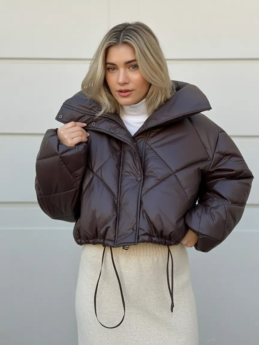 puffer jacket outfit Winter 2025 2026 dark brown cropped aesthetic