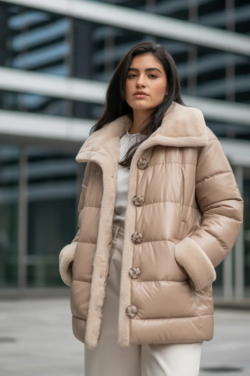 puffer jacket outfit Winter 2025 2026 beige cream long sleeve