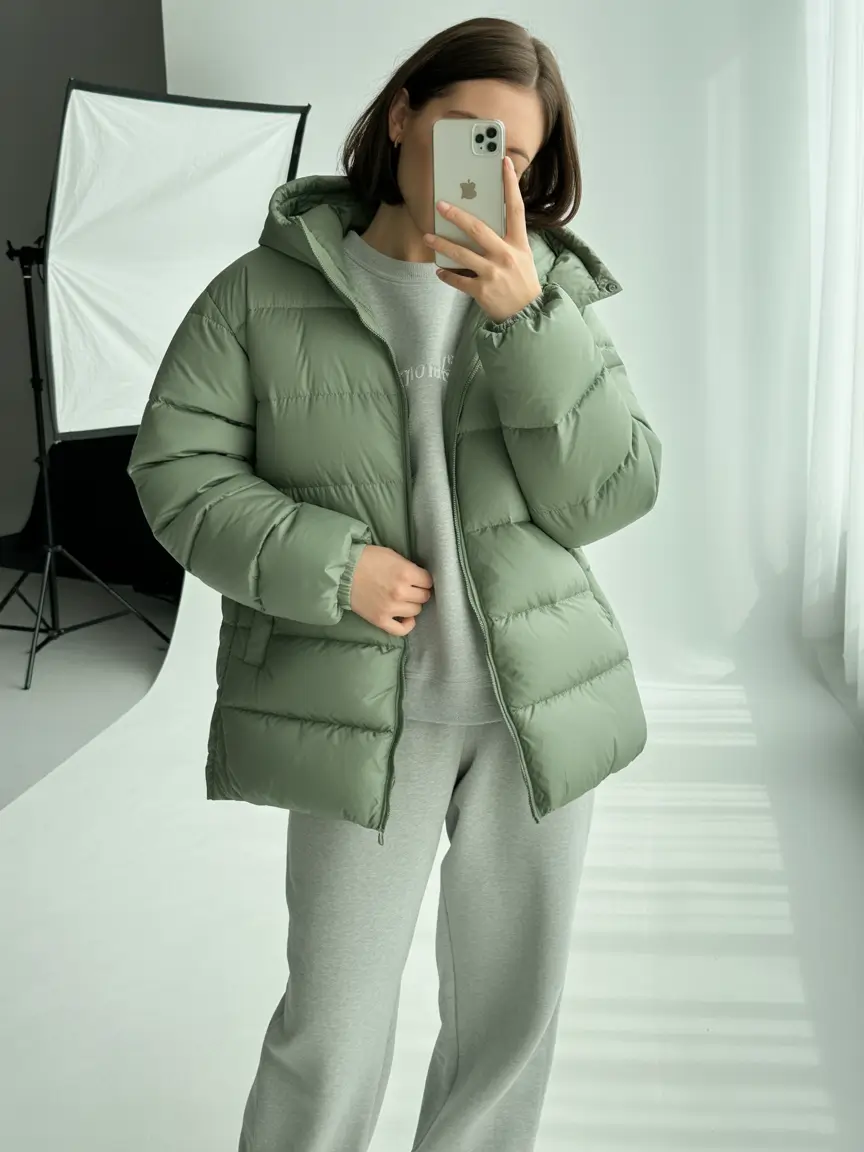 puffer jacket outfit Winter 2025 2026 olive green long sleeve