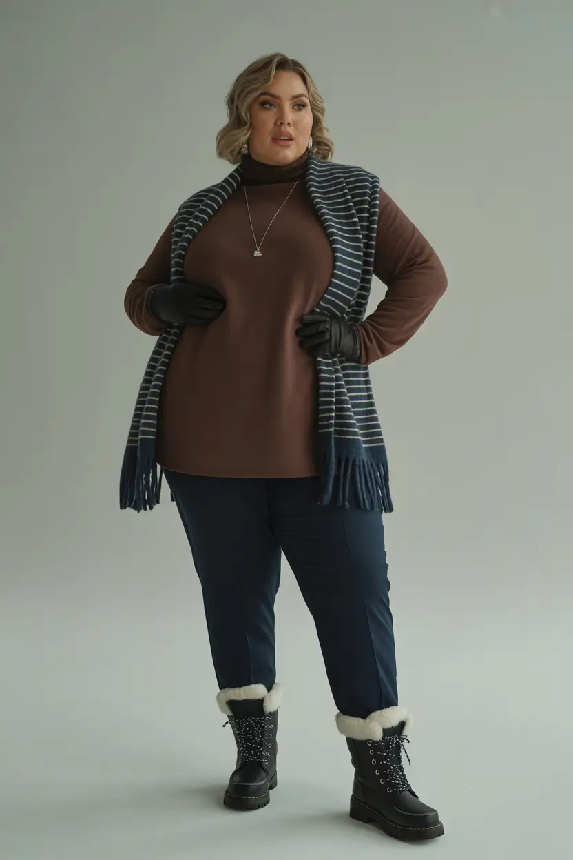 Stylish Plus Size Outfits Winter 2025–2026 Chocolate & Navy Mix