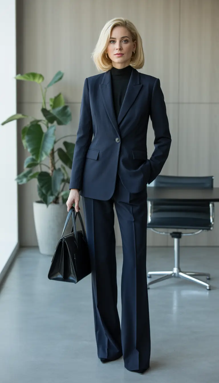 Women business workwear work attire Navy Suit Confidence