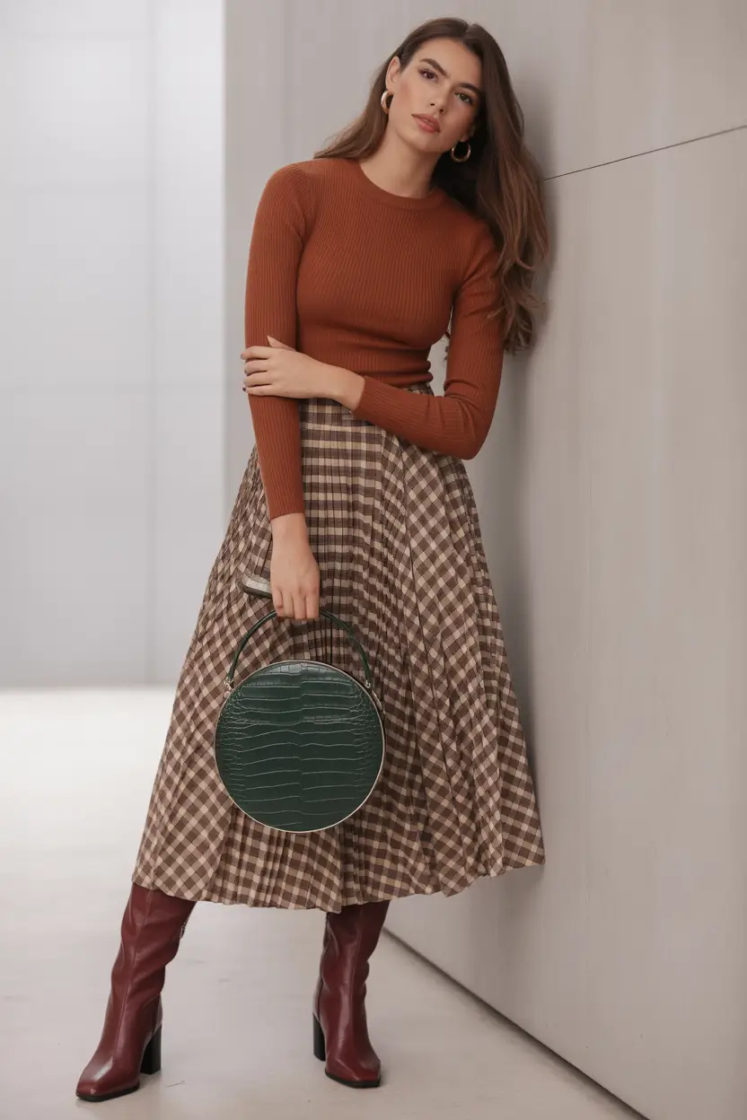 Women casual work wardrobe Rust and Check Harmony