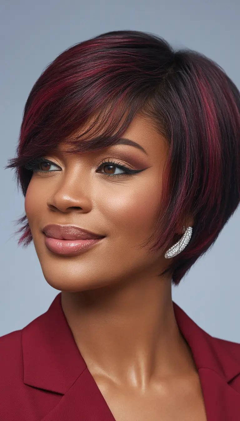 Trendy Short Haircuts Winter 2025–2026 – Side Swept Bob with Highlights