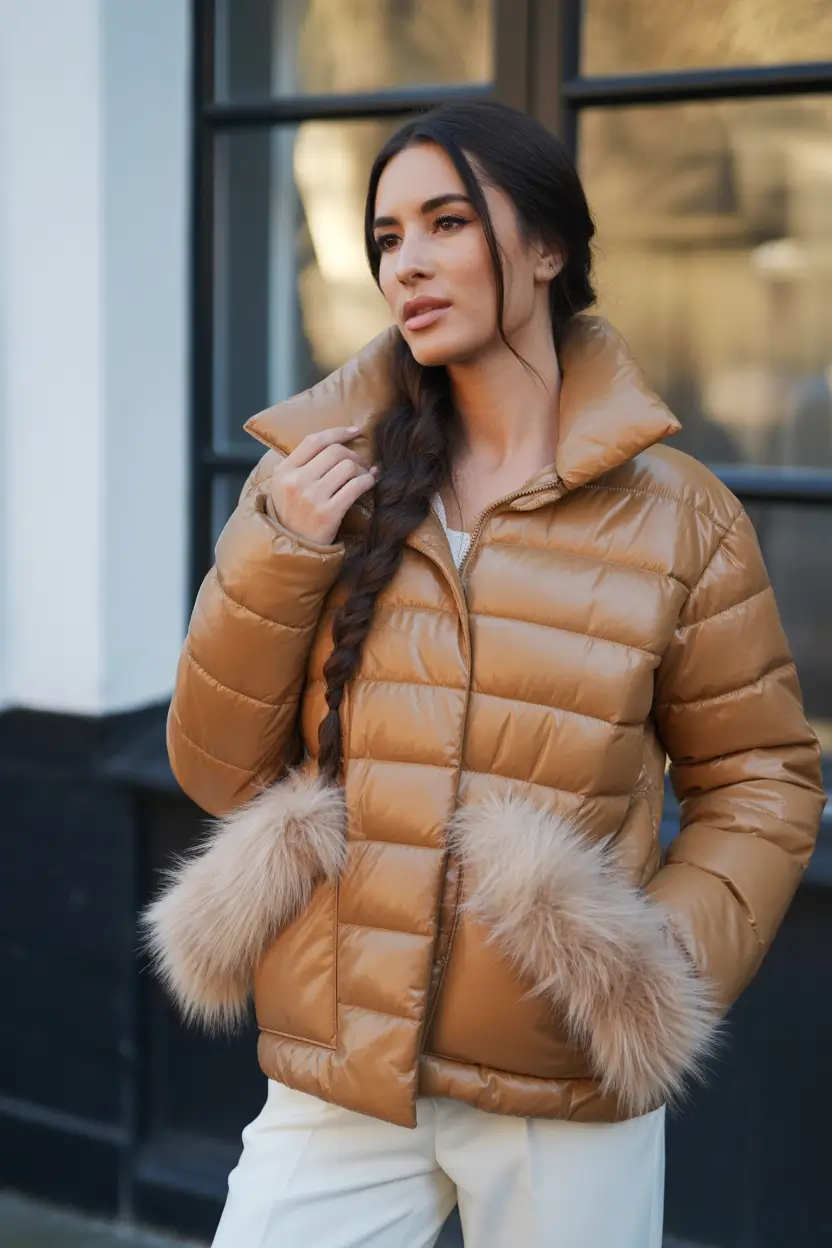 Trendy Winter Fashion Outfit Ideas 2025 2026 Camel Puffer with Fur Cuffs