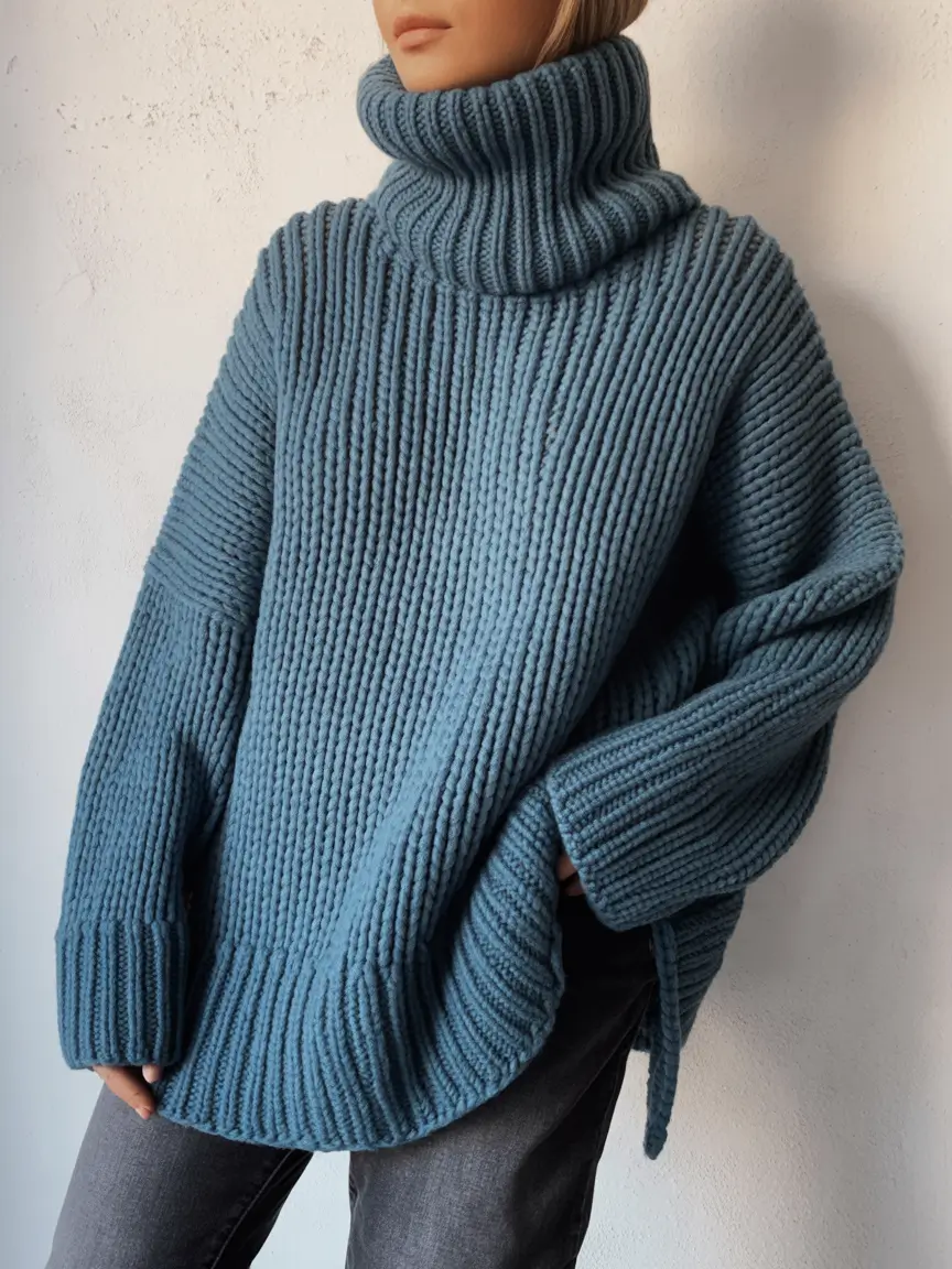 Trendy Winter Fashion Outfit Ideas 2025 2026 Oversized Blue Turtleneck