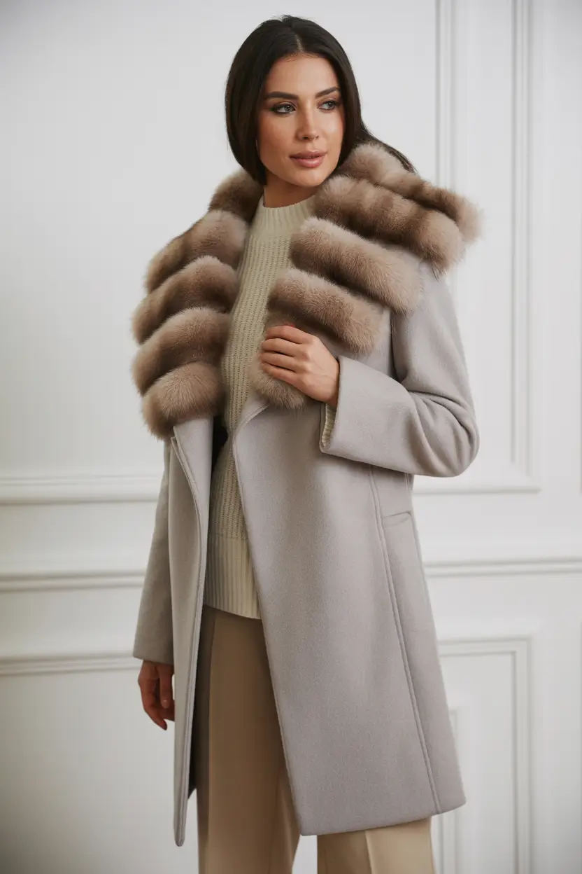 Trendy Winter Fashion Outfit Ideas 2025 2026 Gray Coat with Fur Collar