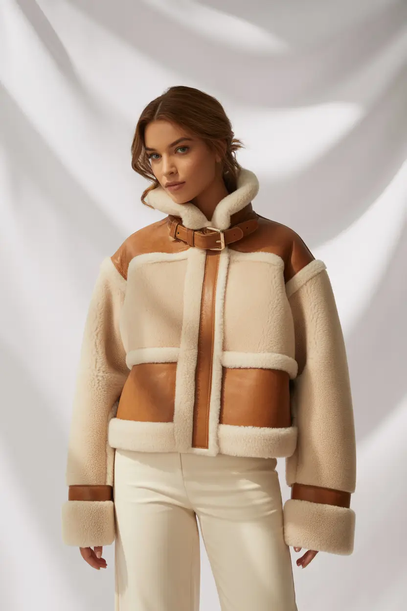 Winter 2025–2026 classy outfits for women shearling jacket in camel and cream