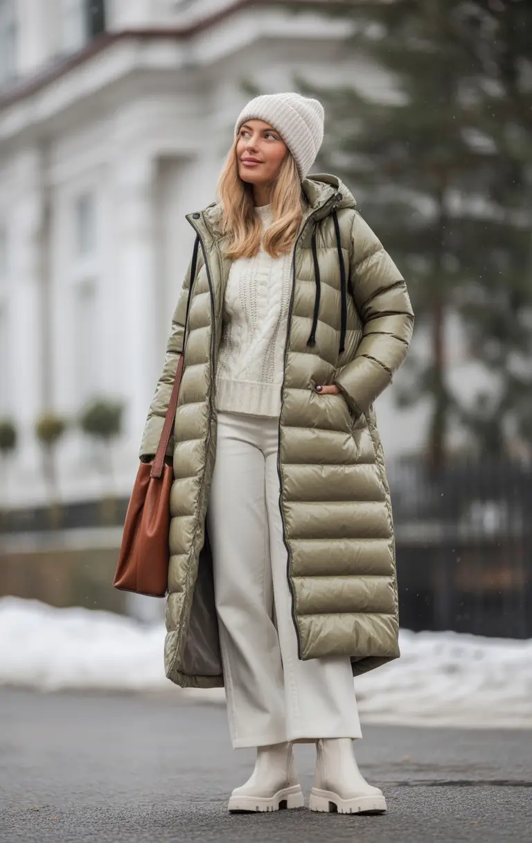 Winter 2025–2026 classy outfits for women soft olive quilted coat