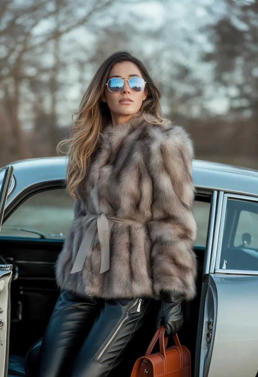 Winter 2025–2026 classy outfits for women ribbon-belted fur jacket