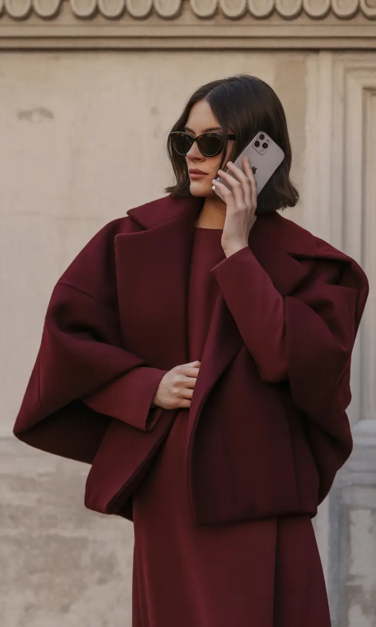 Winter 2025–2026 classy outfits for women burgundy oversized coat and dress