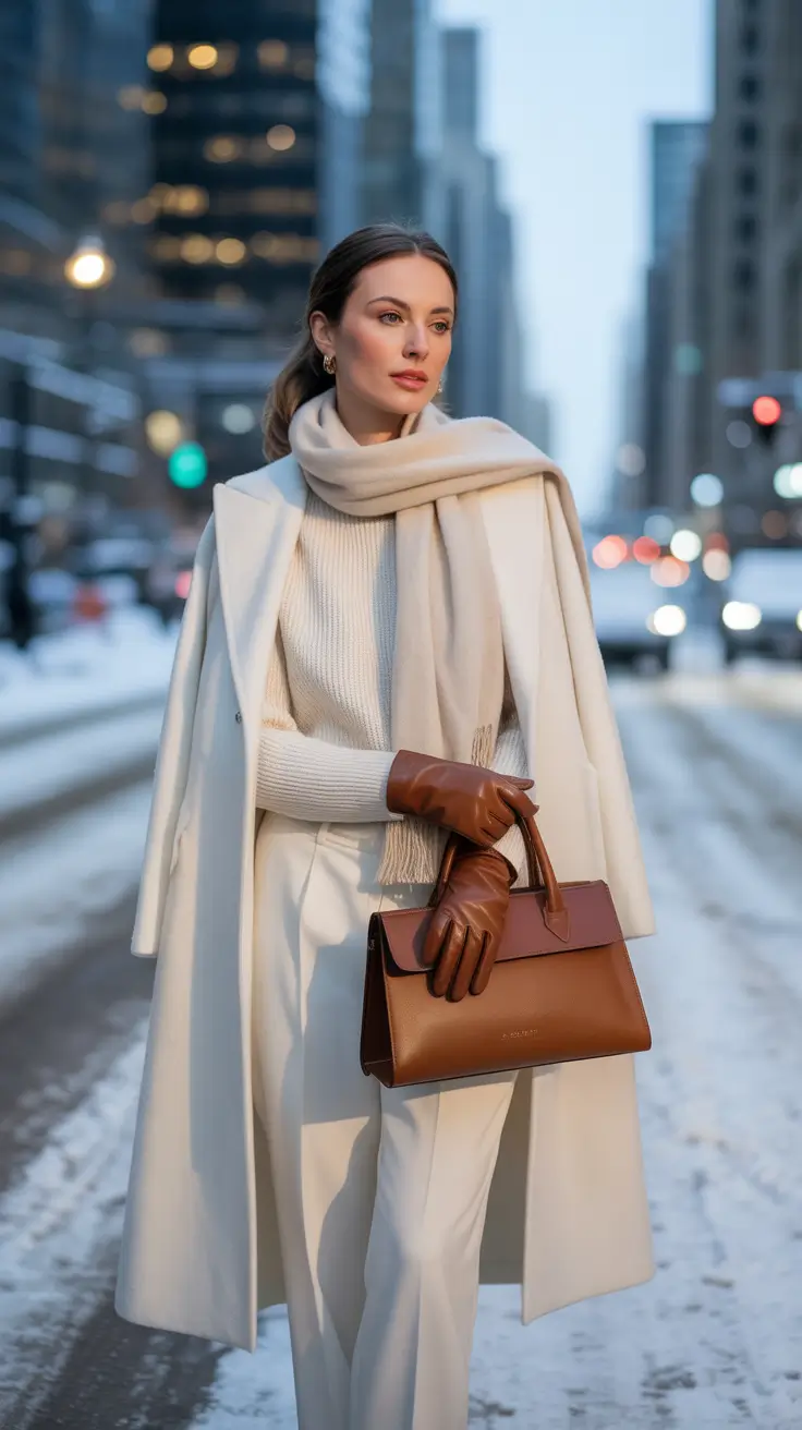 Winter 2025–2026 classy outfits for women all-white coat with tan gloves