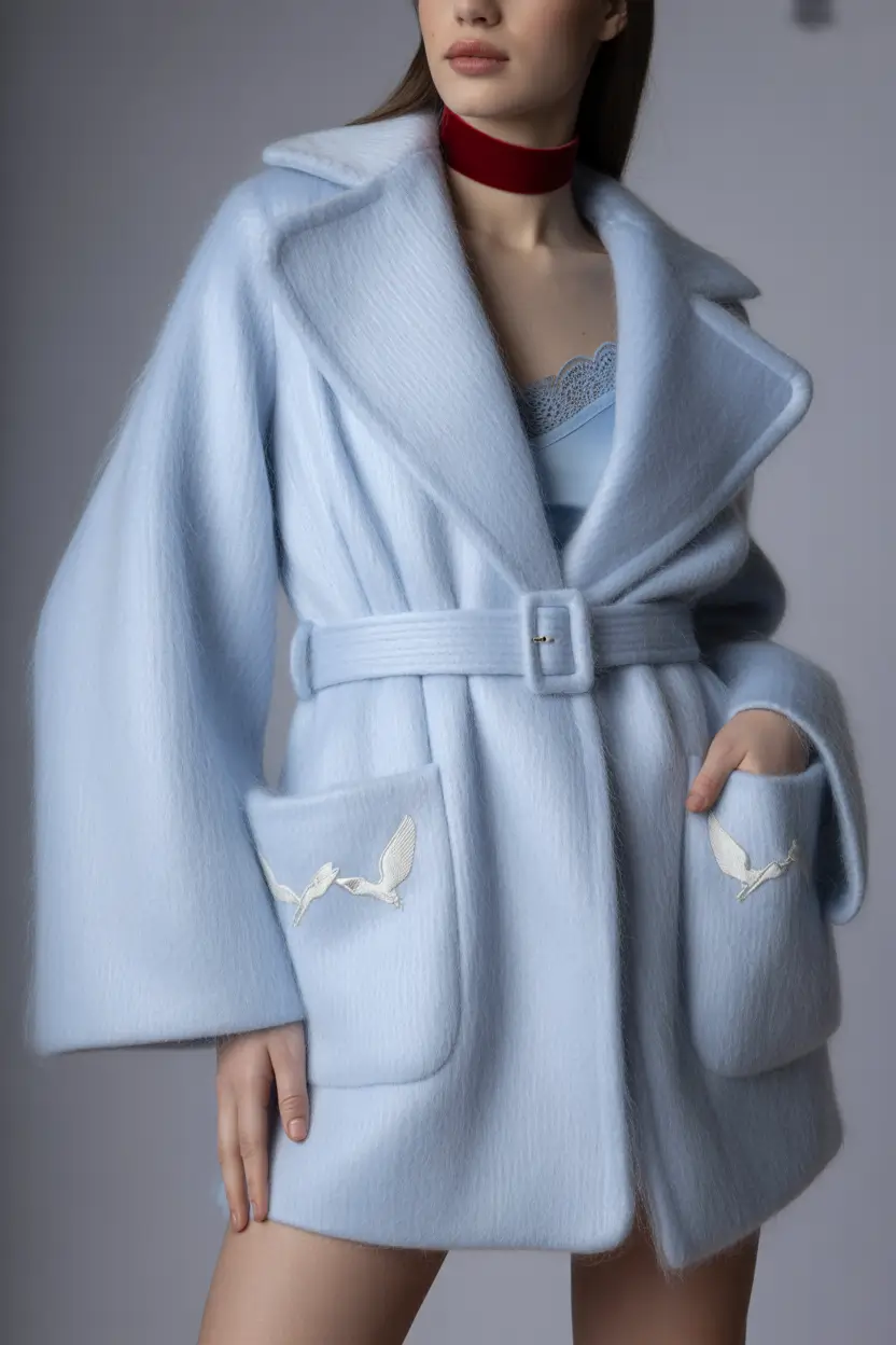 Winter 2025–2026 classy outfits for women powder blue belted coat
