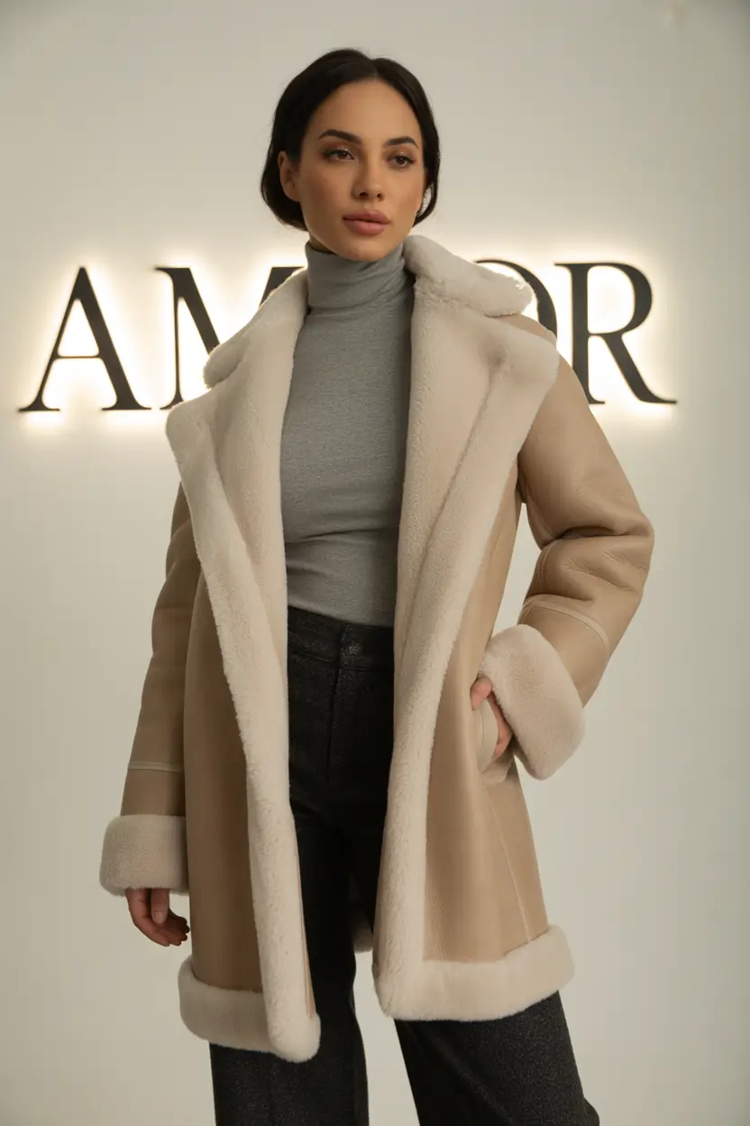 Winter 2025–2026 classy outfits for women beige shearling coat with grey turtleneck